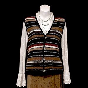 Multi Colored Knit Striped Vintage Button Down V Neck Sweater Vest Sz M
